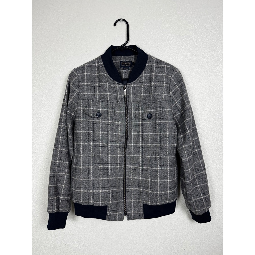 Pendleton Women's L Virgin Wool Plaid Bomber Jacket Gray Navy USA Fabric Preppy